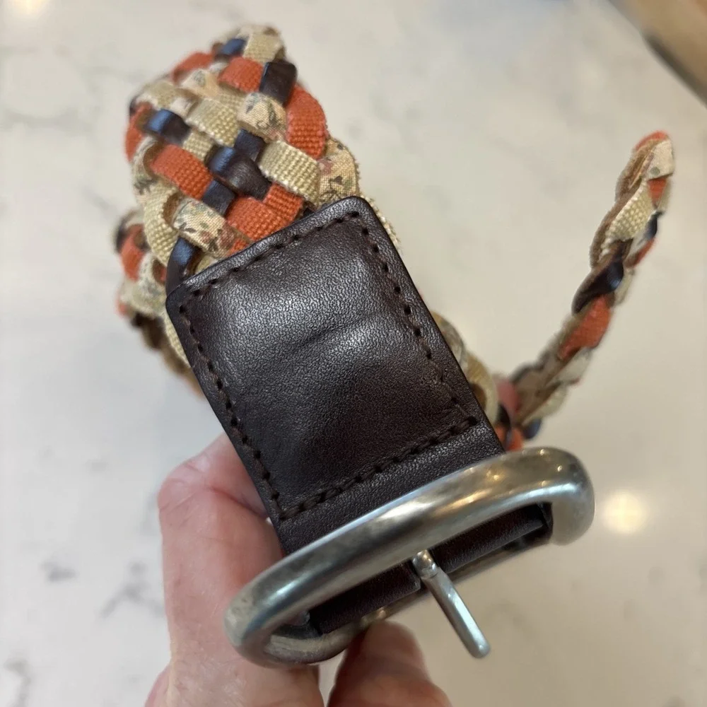 Boho Leather Cotton‎ Braided Belt Earthtone Floral Accent Homestead Women LG 44